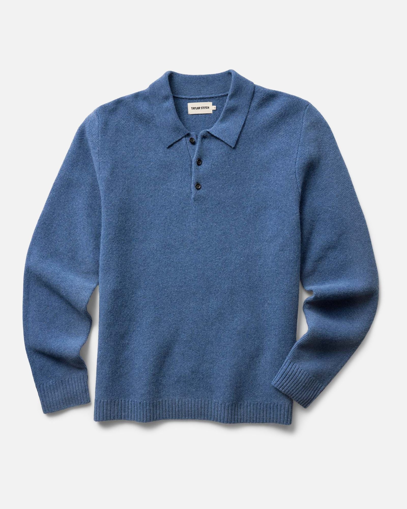 flatlay of The Newton Sweater Polo in Heather Clear Blue, Knits by Taylor Stitch