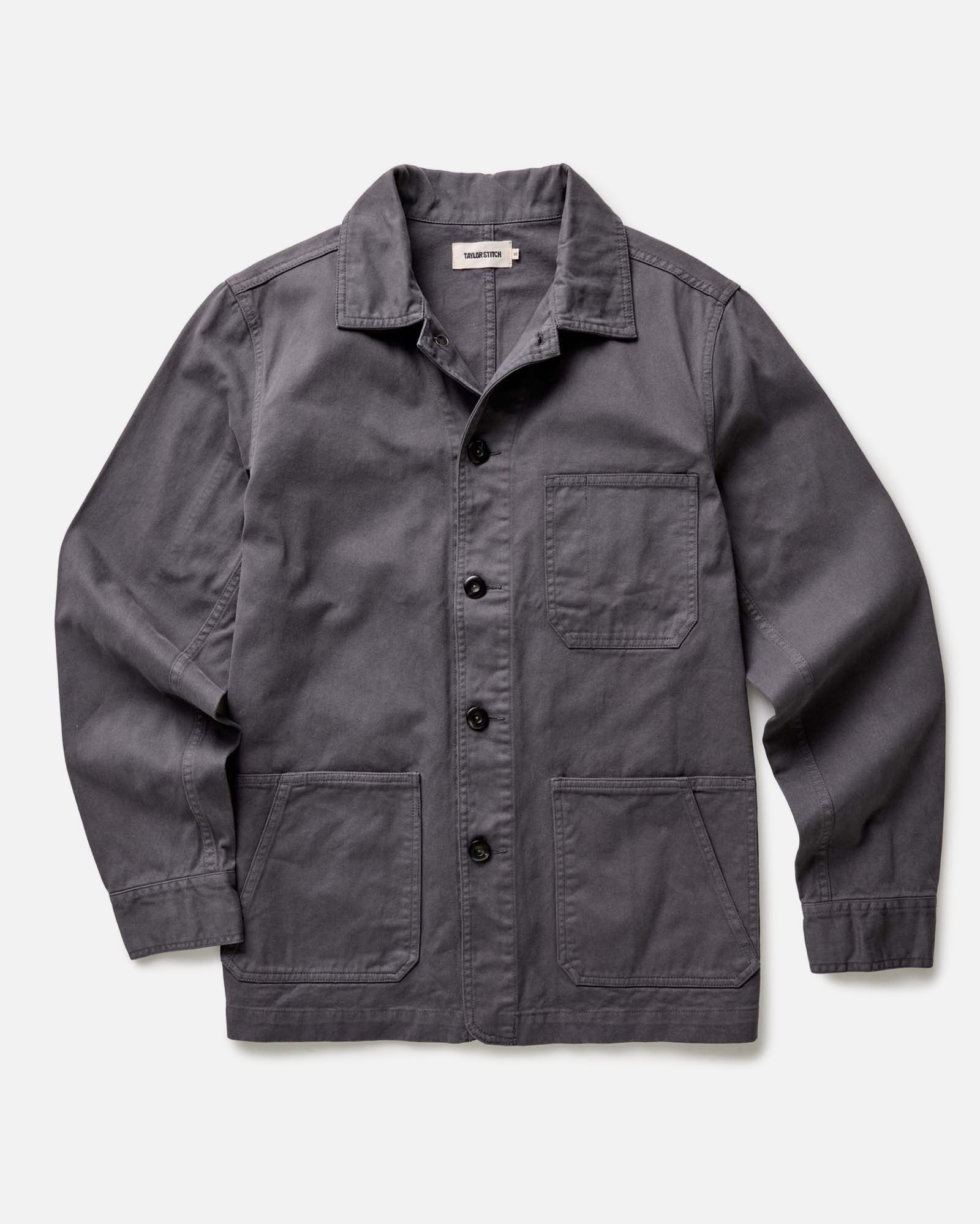 The Ojai Chore Coat in Organic Charcoal Foundation Twill flatlay, Outerwear by Taylor Stitch