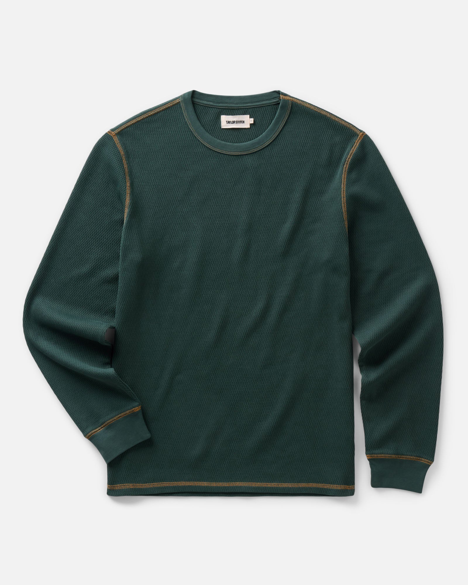flatlay of The Organic Cotton Crew in Dark Forest Waffle, Knits by Taylor Stitch