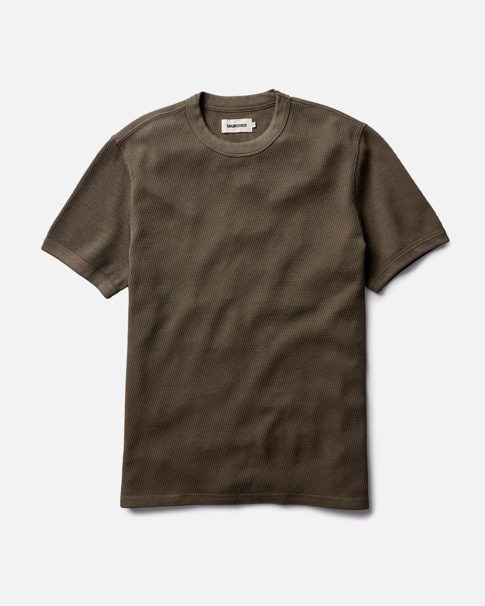flatlay of The Organic Cotton Short Sleeve Crew in Fatigue Olive Waffle, Knits by Taylor Stitch