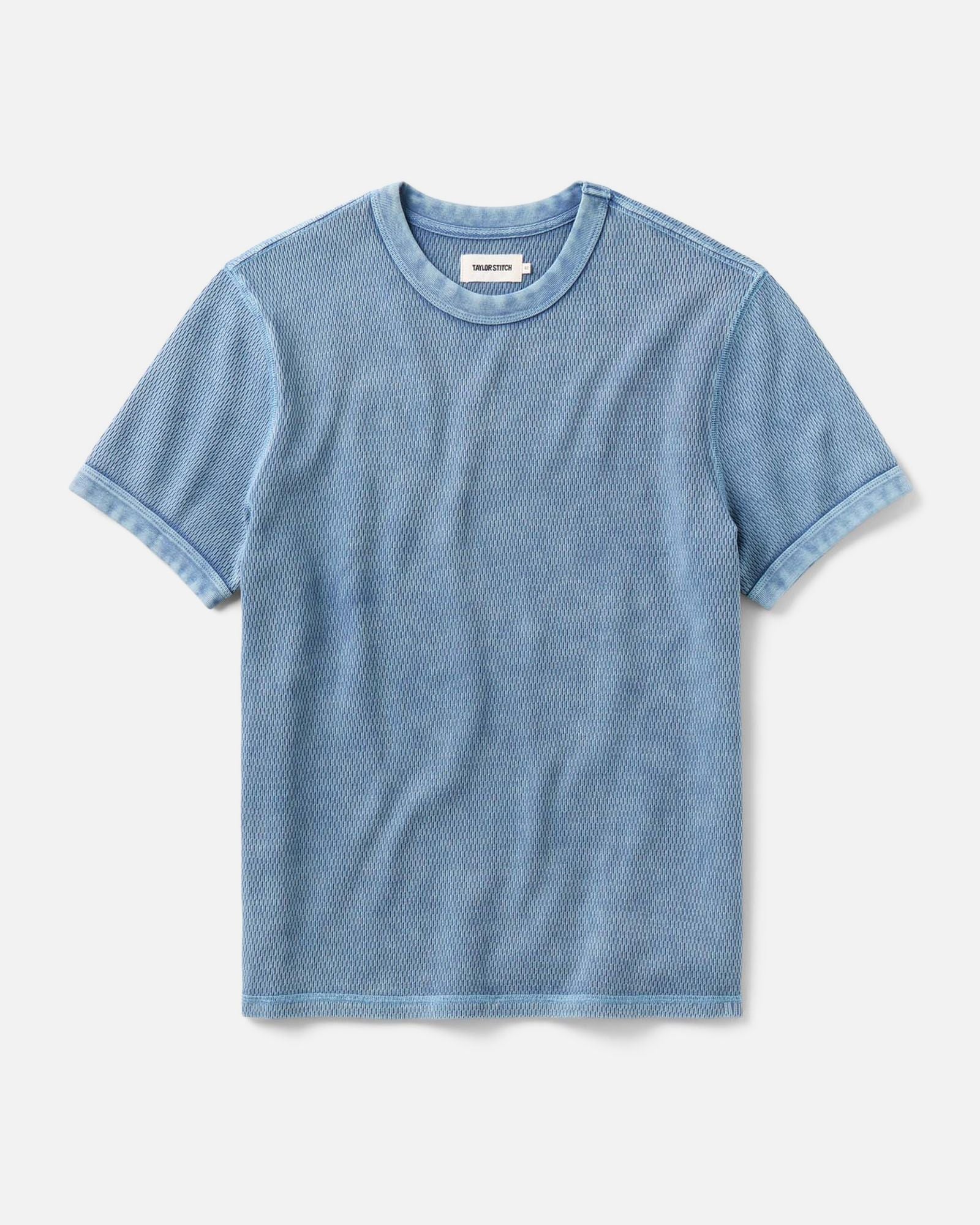 flatlay of The Organic Cotton Short Sleeve Crew in Washed Blue Waffle, Knits by Taylor Stitch