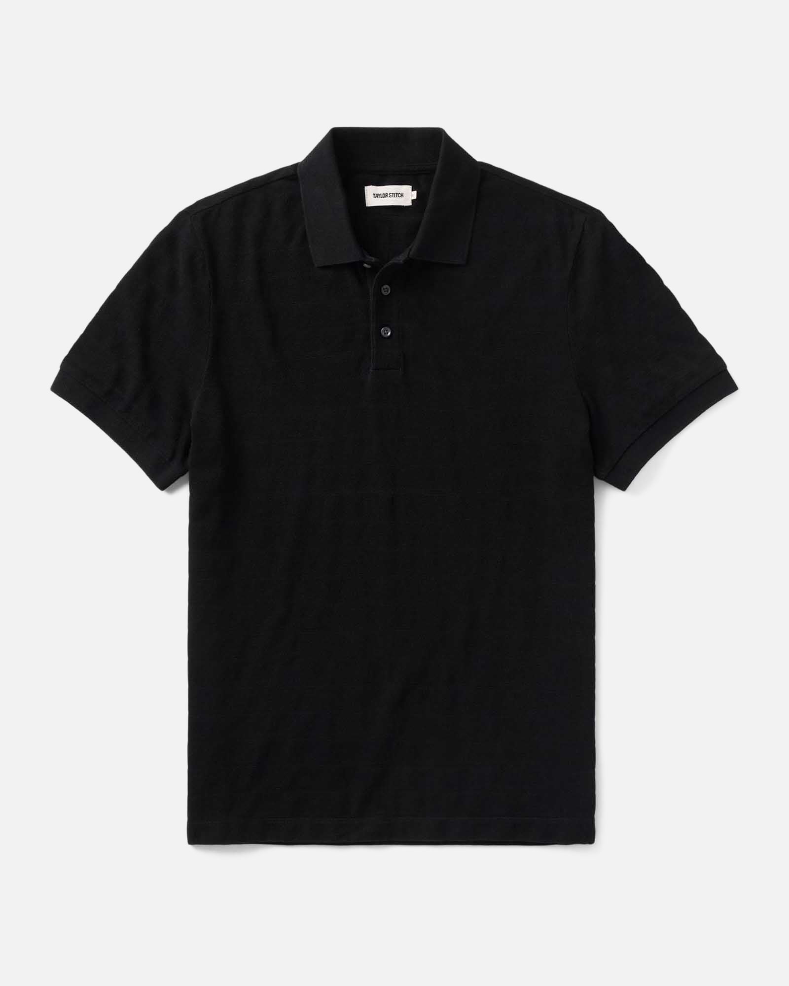 flatlay of The Pacific Polo in Black Indigo Pique Stripe, Knits by Taylor Stitch