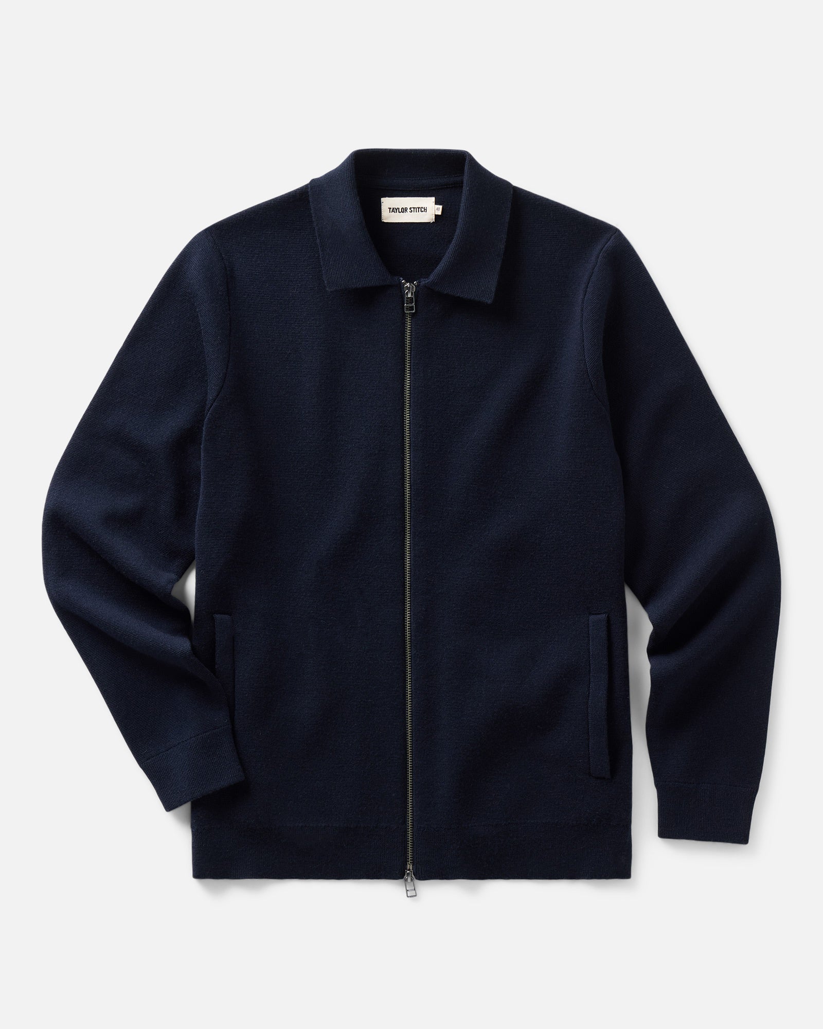 flatlay of The Portola Sweater Jacket in Midnight Merino, Knits by Taylor Stitch