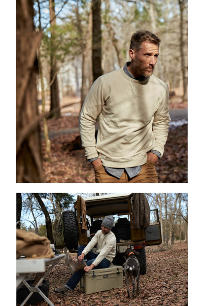 chad walking, wearing the crewneck in aluminum terry. Lower image of Chad rocking the crewneck while putting shoes on