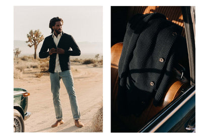 The Après Pant in Oat and Charcoal Donegal on a chair