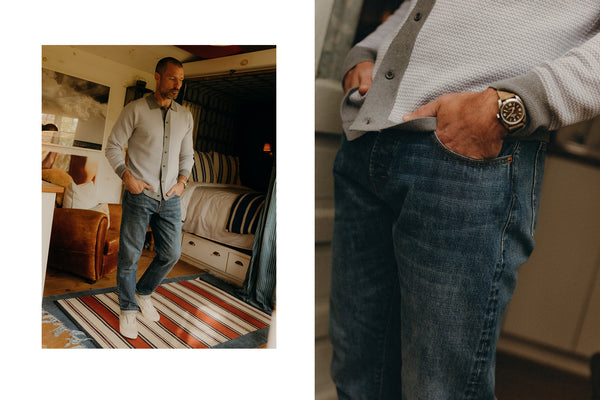 A pair of Rigid Organic Selvedge jeans hanging