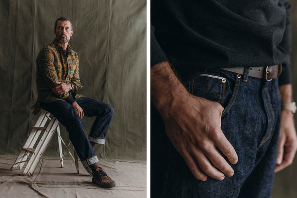 Diptych of model wearing a pair of Rigid Organic Selvedge jeans