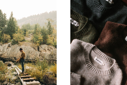 On the left, model wearing The Lodge Sweater, on the right, group of wool sweaters