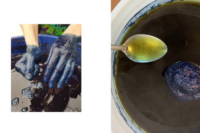 a split shot of the indigo dying process and the dye itself