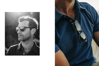 Diptych of our model wearing the Nelsons on his face and in his polo collar