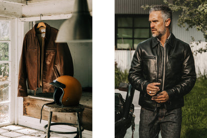 On the left, a brown Moto Jacket hanging next to a helmet, and on the right, model wearing The Moto Jacket in Black