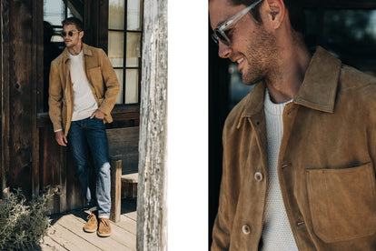 On the left, model leaning against the wall in The Ojai Jacket in Suede, and on the right, close up of model wearing The Ojai Jacket in Suede with a sweater