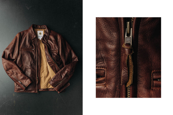 On the left, model leaning against the wall in The Ojai Jacket in Suede, and on the right, close up of model wearing The Ojai Jacket in Suede with a sweater