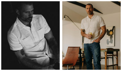 fit model posing in The Conrad Shirt in Vintage White Linen