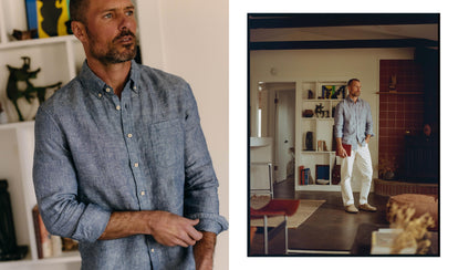 fit model walking wearing The Jack in Sky Striped Linen