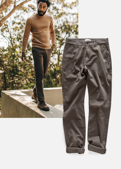 The Slim Foundation Pant in Organic Espresso flatlay & Lifestyle imagery