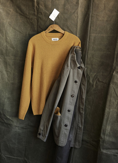 The Lodge Sweater in Gold with The Ojai in Smoked Olive Foundation Twill