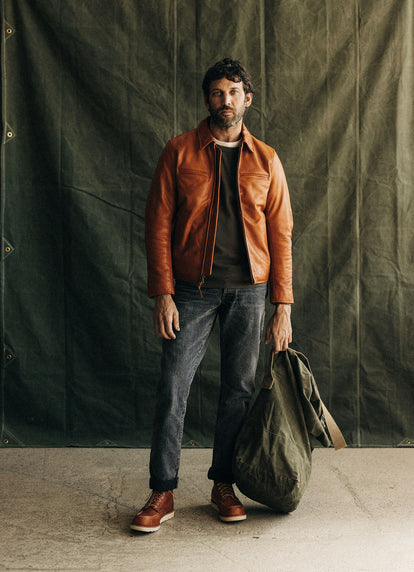 Model wearing Moto Jacket in Whiskey and The Democratic Jean in Black 1-Year Wash