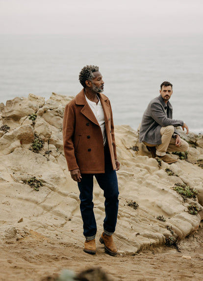 Model wearing The Mariner Coat in Copper