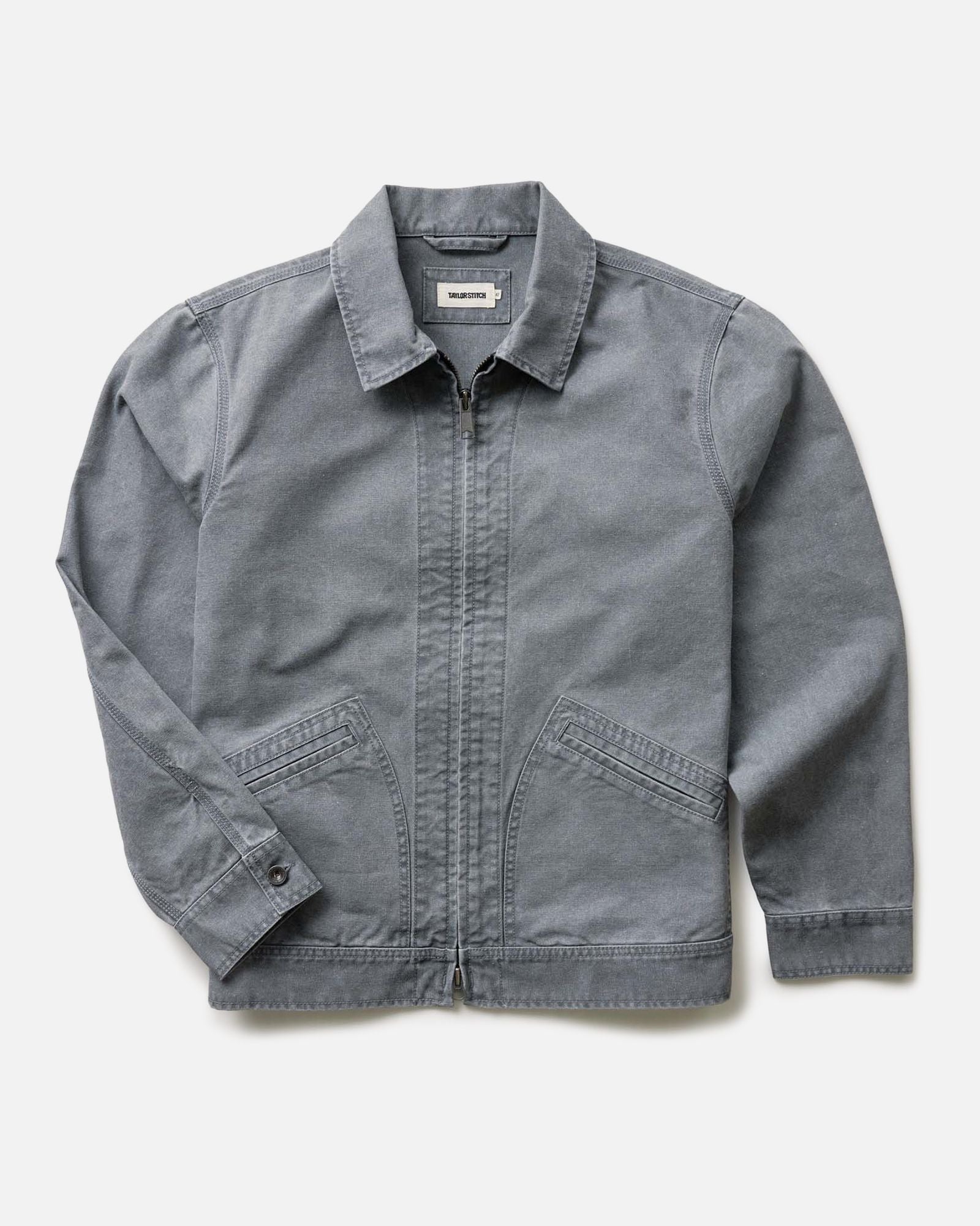 flatlay of The Shifter Jacket in Dark Grey Pigment Canvas, Outerwear by Taylor Stitch