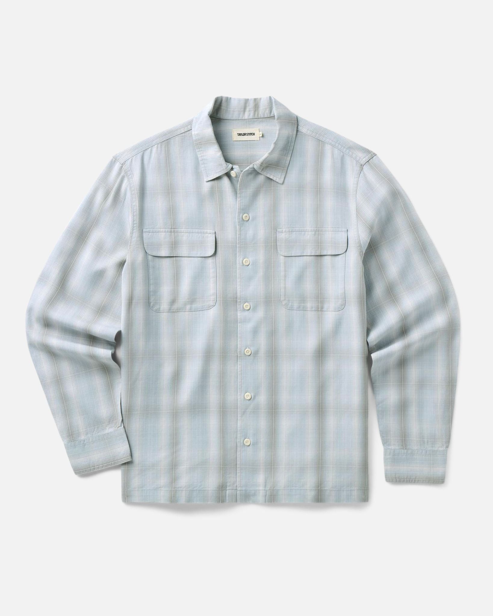 flatlay of The Shore Shirt in Fog Check Tencel, Wovens by Taylor Stitch