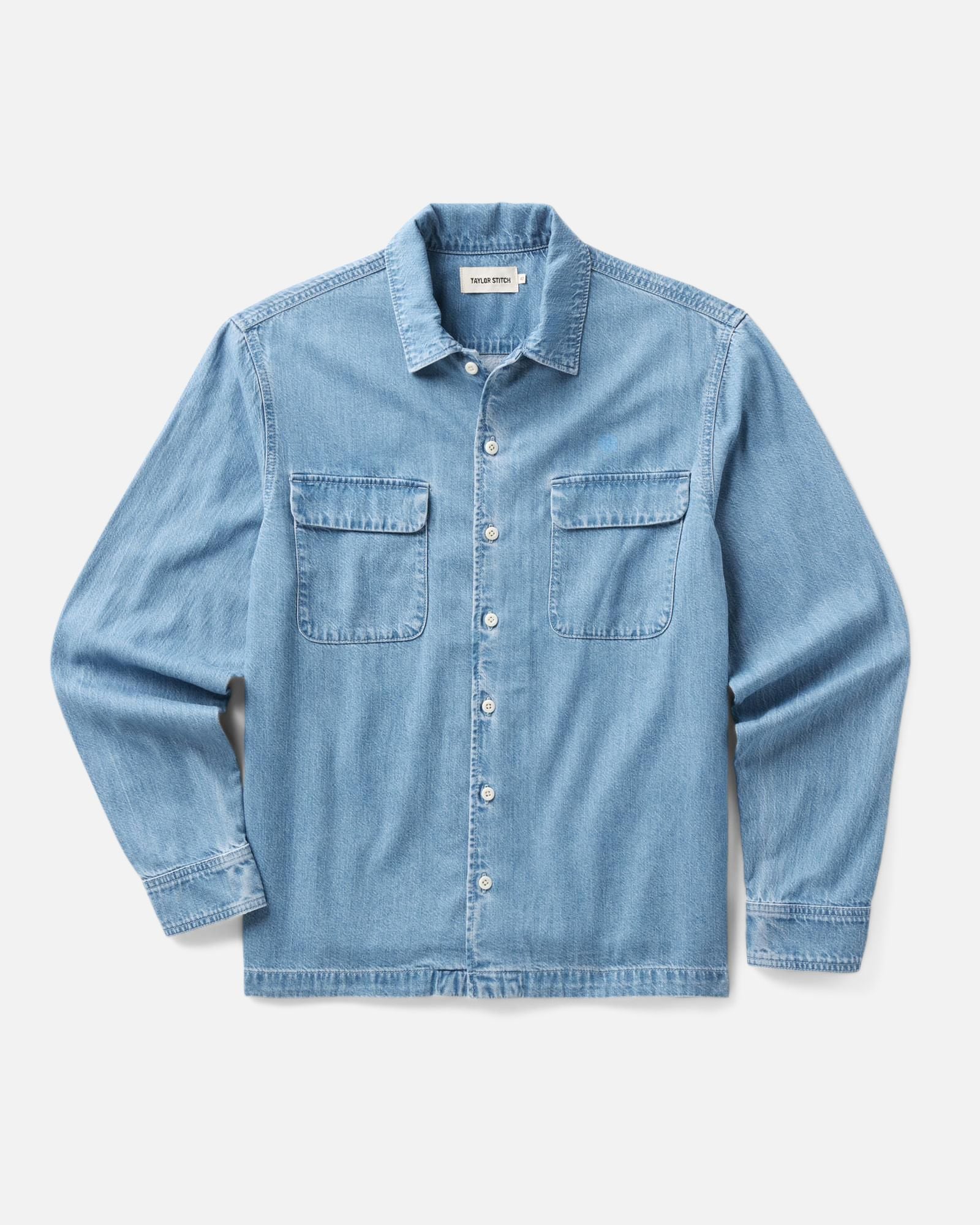flatlay of The Shore Shirt in Washed Indigo Twill, Wovens by Taylor Stitch