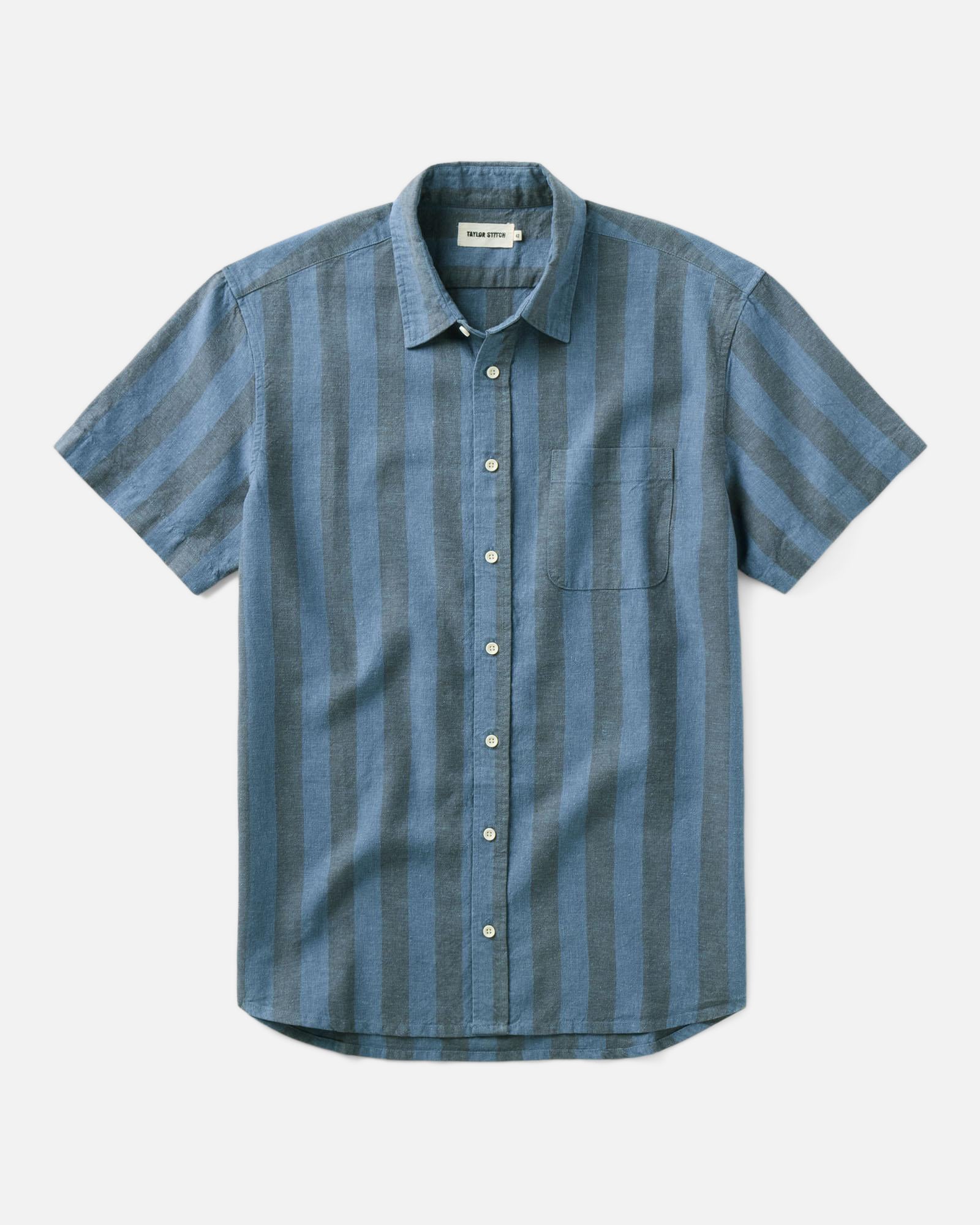 flatlay of The Short Sleeve California in Blue Stone Stripe Hemp, Wovens by Taylor Stitch