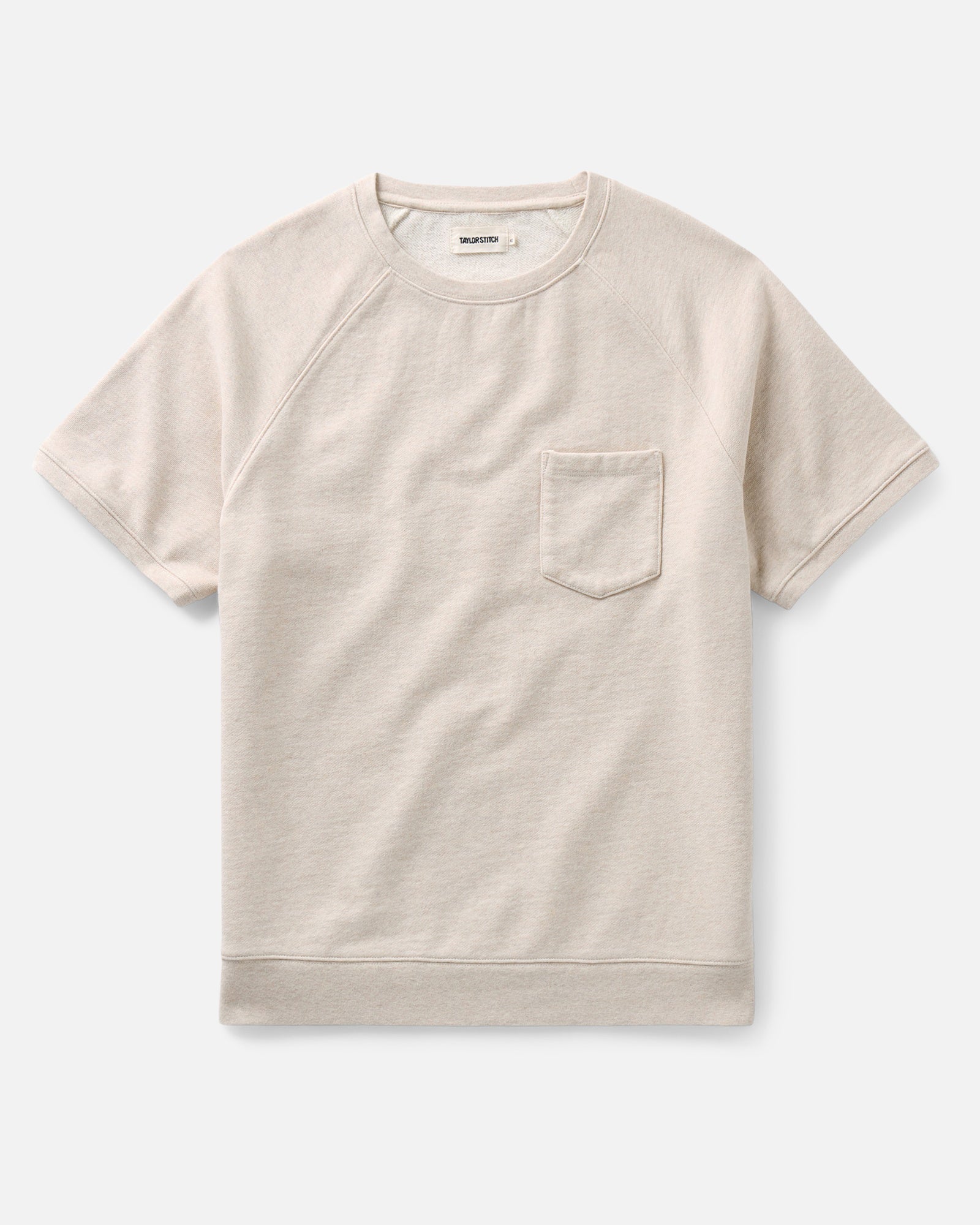 flatlay of The Short Sleeve Sunset Crew in Heather Oat Terry, Knits by Taylor Stitch
