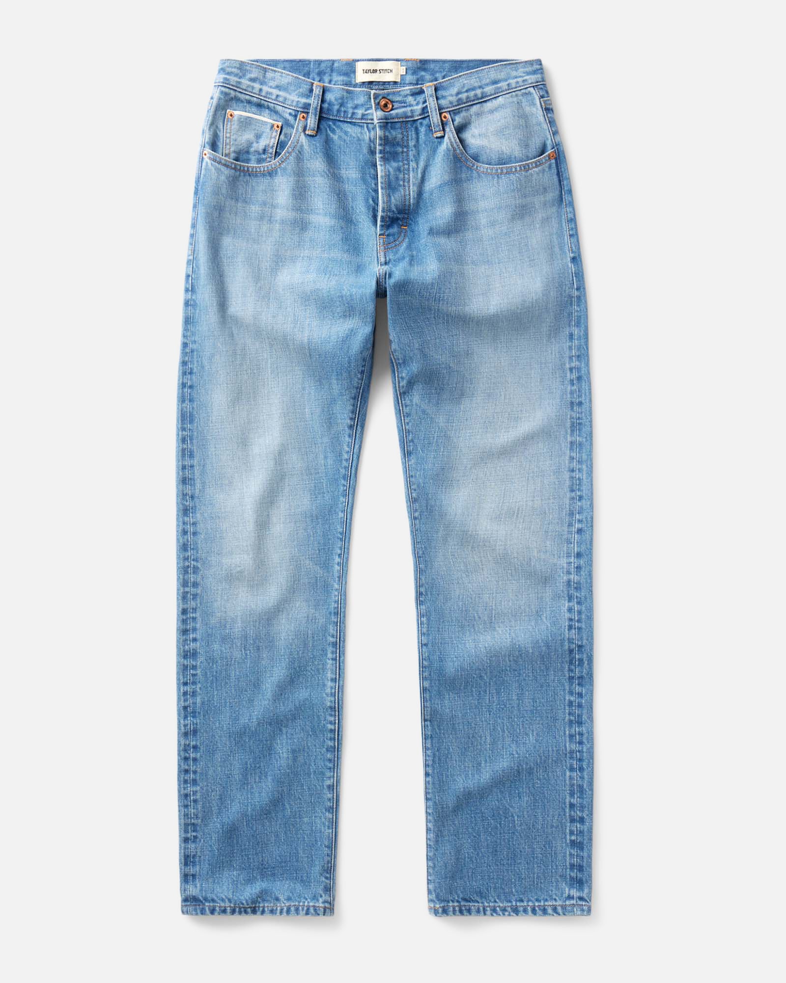 flatlay of The Straight Jean in Light Wash Organic Selvedge, Bottoms by Taylor Stitch