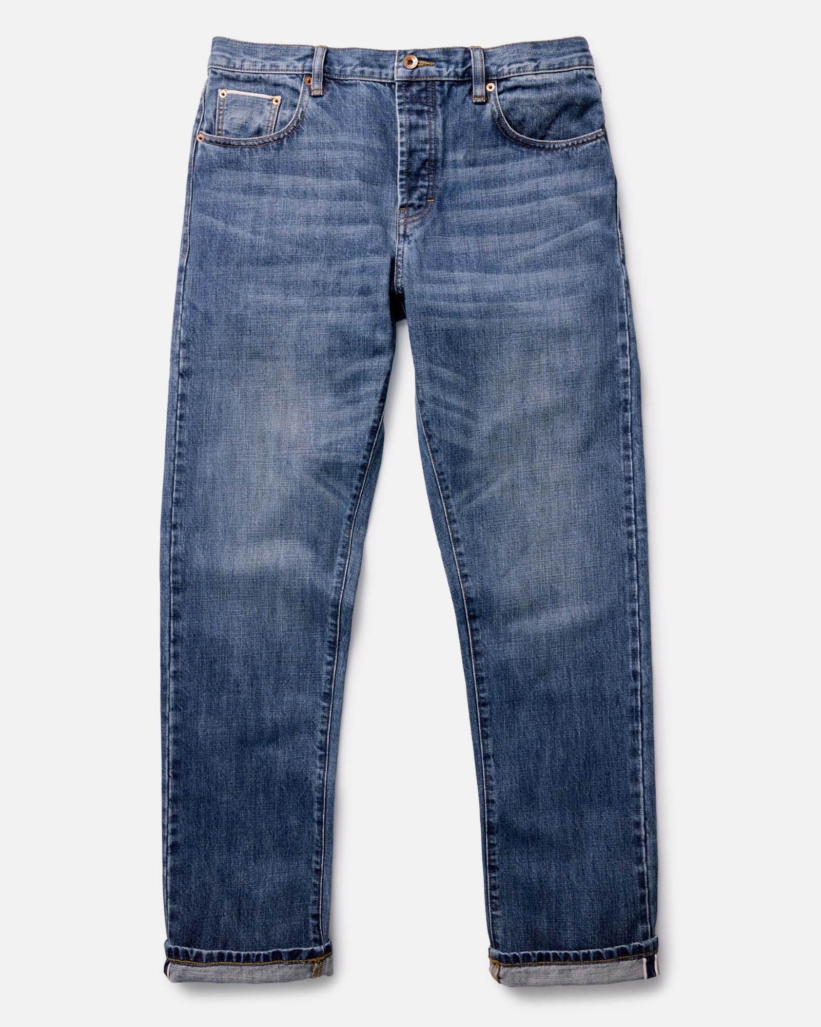 flatlay of The Straight Jean in Mid Wash Organic Selvedge, Bottoms by Taylor Stitch