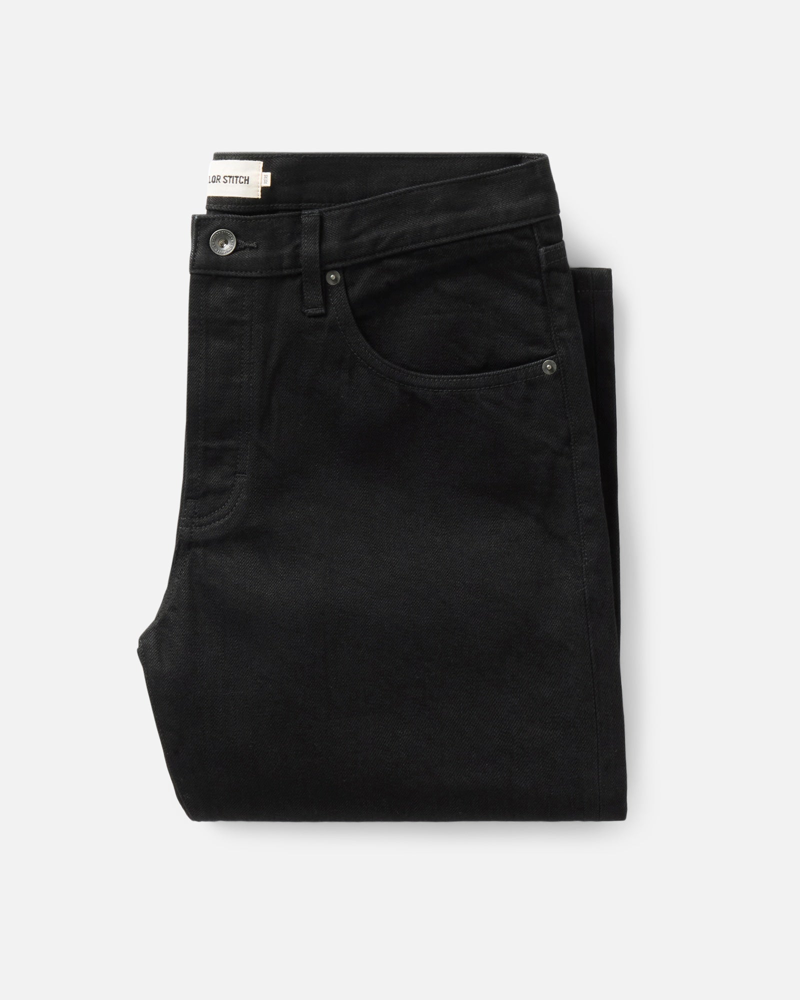folded flatlay of The Straight Jean in Rinsed Black Organic Selvedge, Bottoms by Taylor Stitch