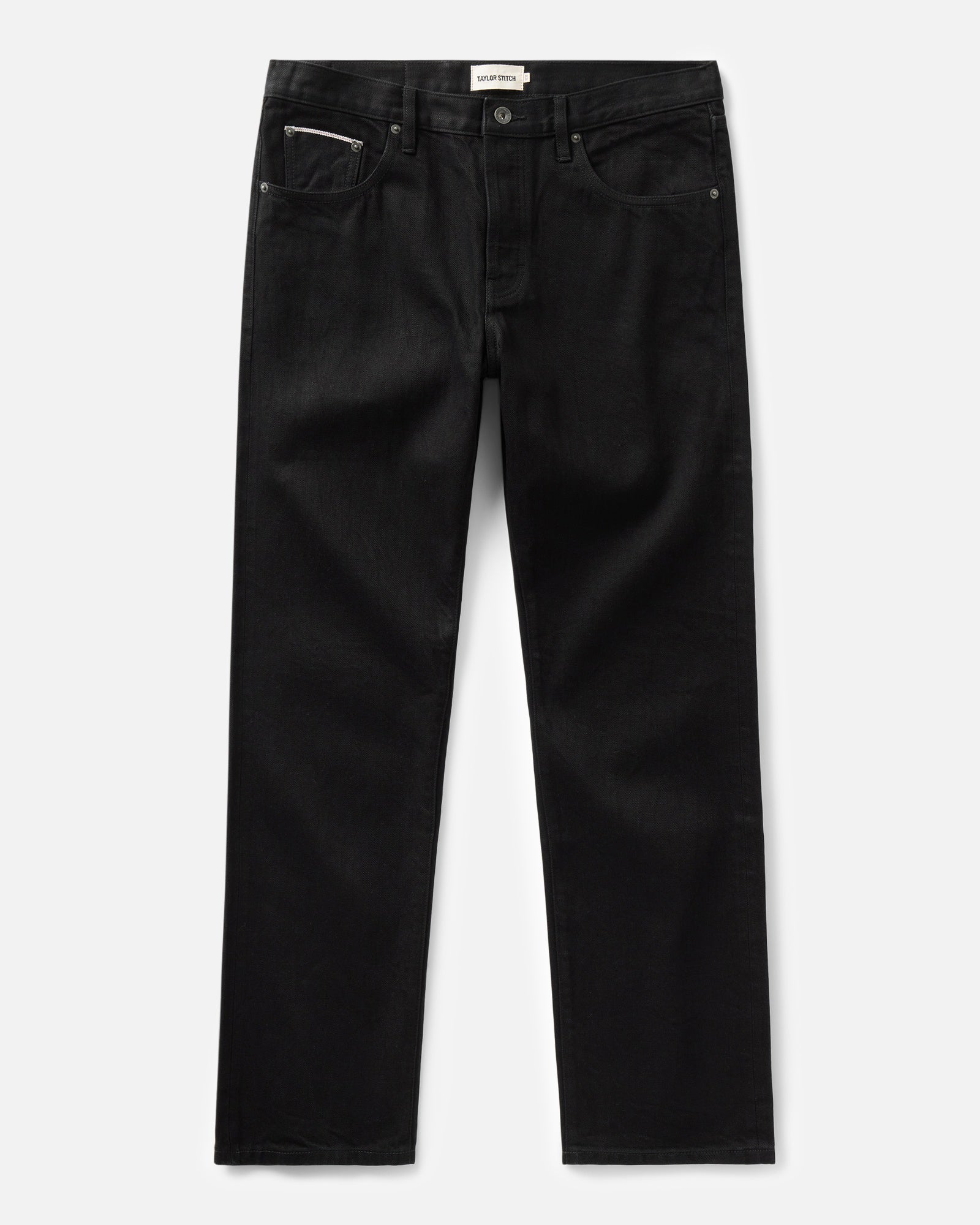 flatlay of The Straight Jean in Rinsed Black Organic Selvedge, Bottoms by Taylor Stitch