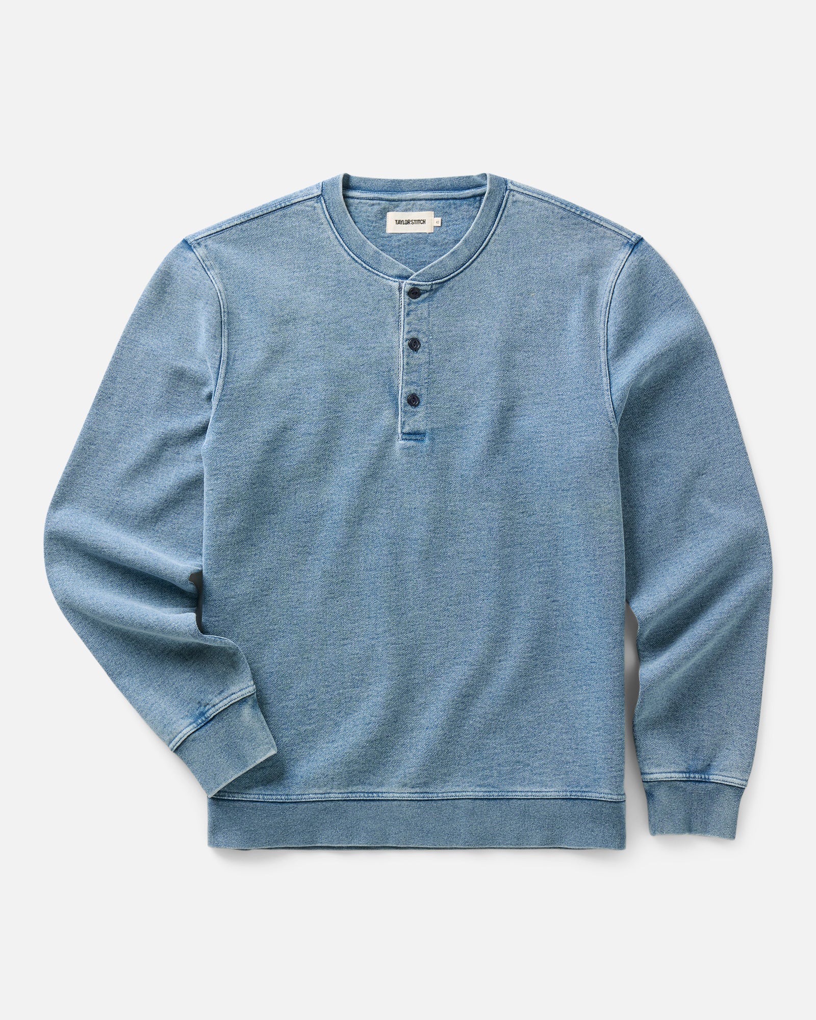 flatlay of The Sunset Henley in Washed Indigo Terry, Knits by Taylor Stitch