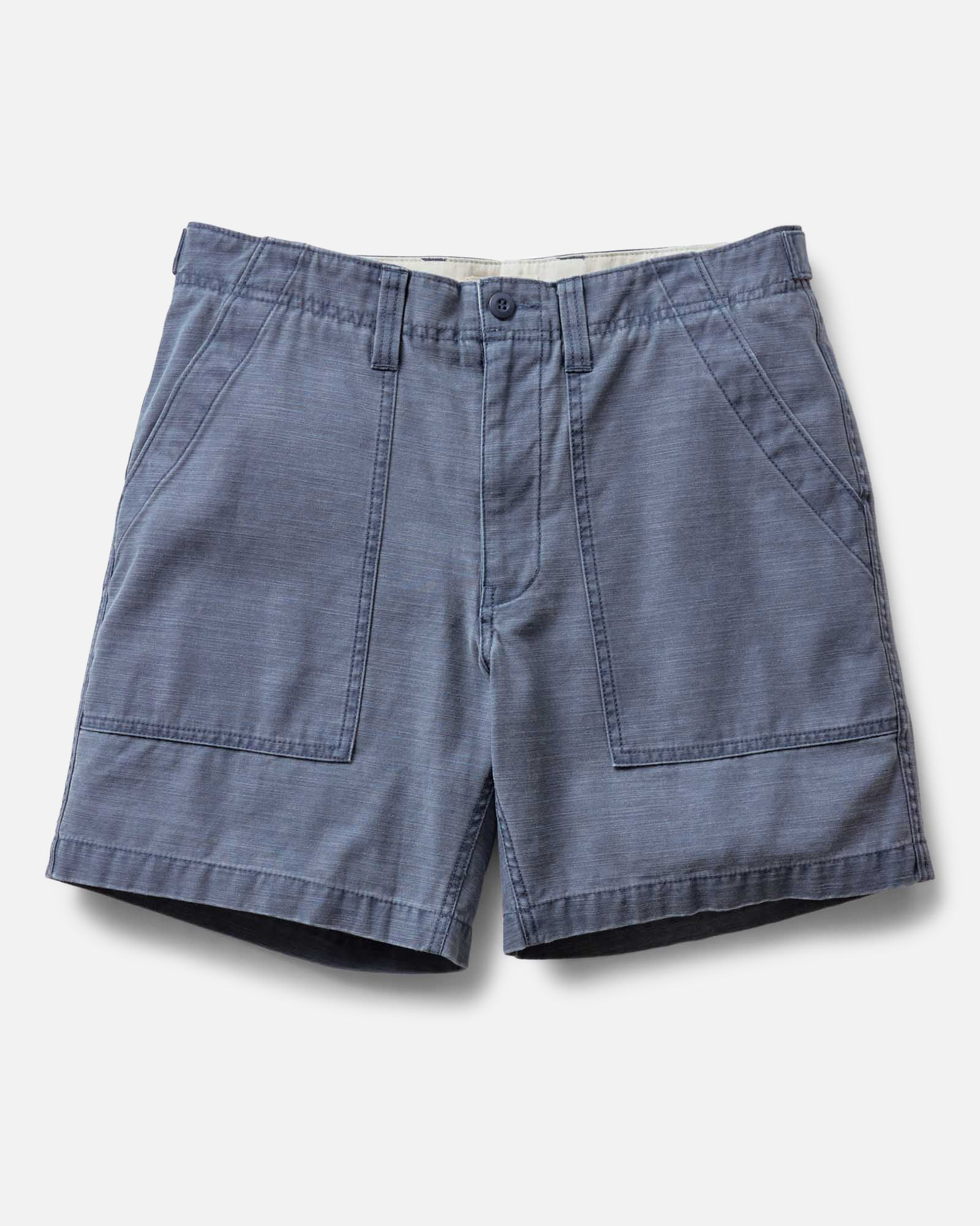 flatlay of The Surplus Short in Dark Navy Reverse Sateen, Bottoms by Taylor Stitch