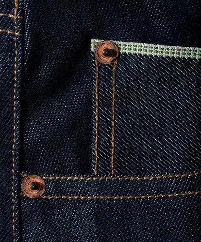 Close up of detail on jeans coin pocket.
