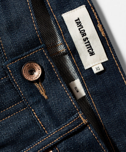 Close up on TS logo and branded button fly.