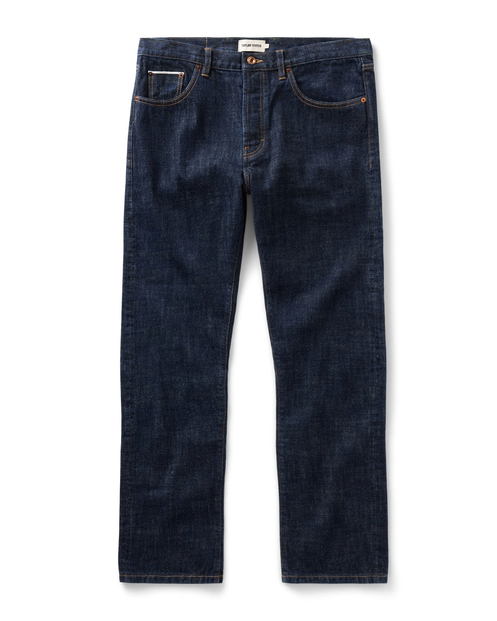 flatlay of The Straight Jean in Rinsed Organic Selvedge, Bottoms by Taylor Stitch