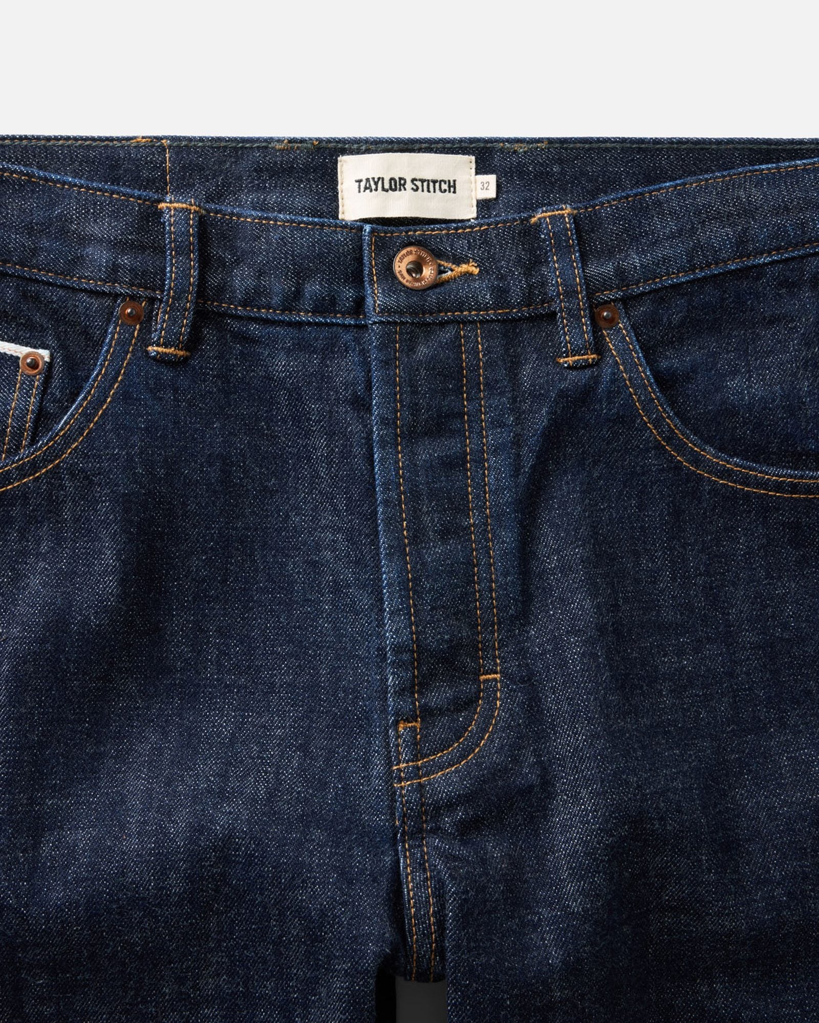 material shot of the waistband on The Straight Jean in Rinsed Organic Selvedge, Bottoms by Taylor Stitch
