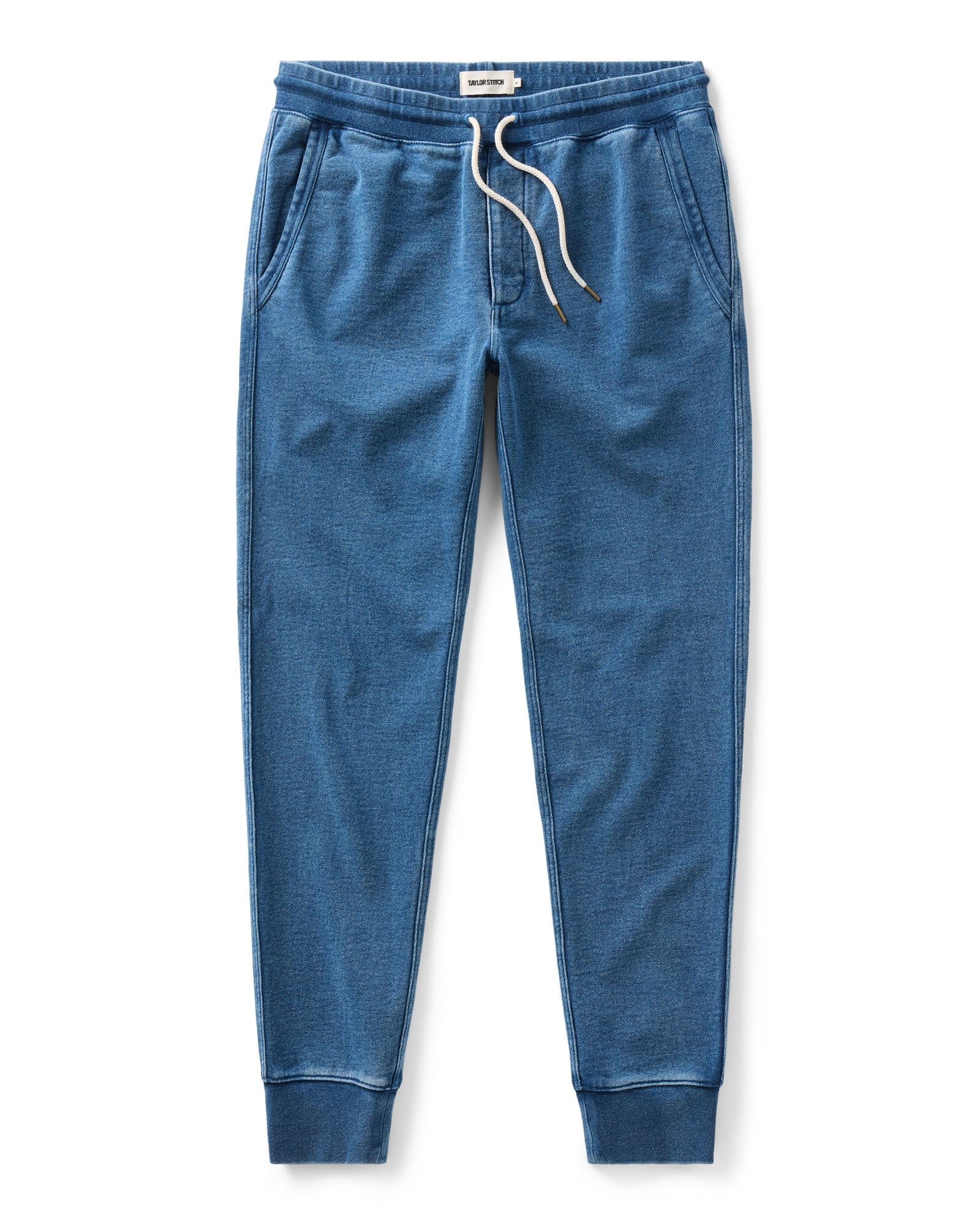 flatlay of The Sunset Pant in Washed Indigo Terry, Bottoms by Taylor Stitch