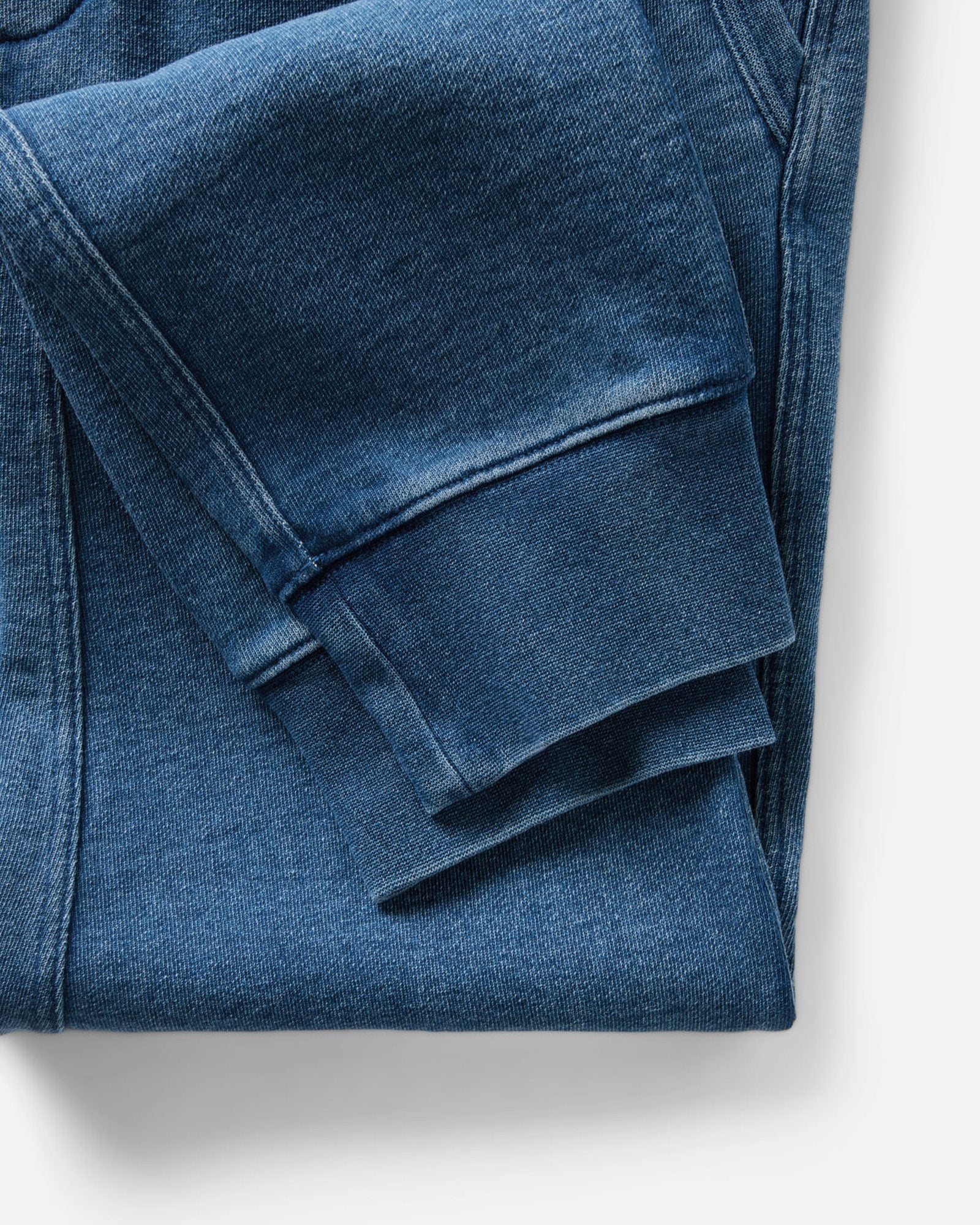 material shot of the bottom hem on The Sunset Pant in Washed Indigo Terry, Bottoms by Taylor Stitch