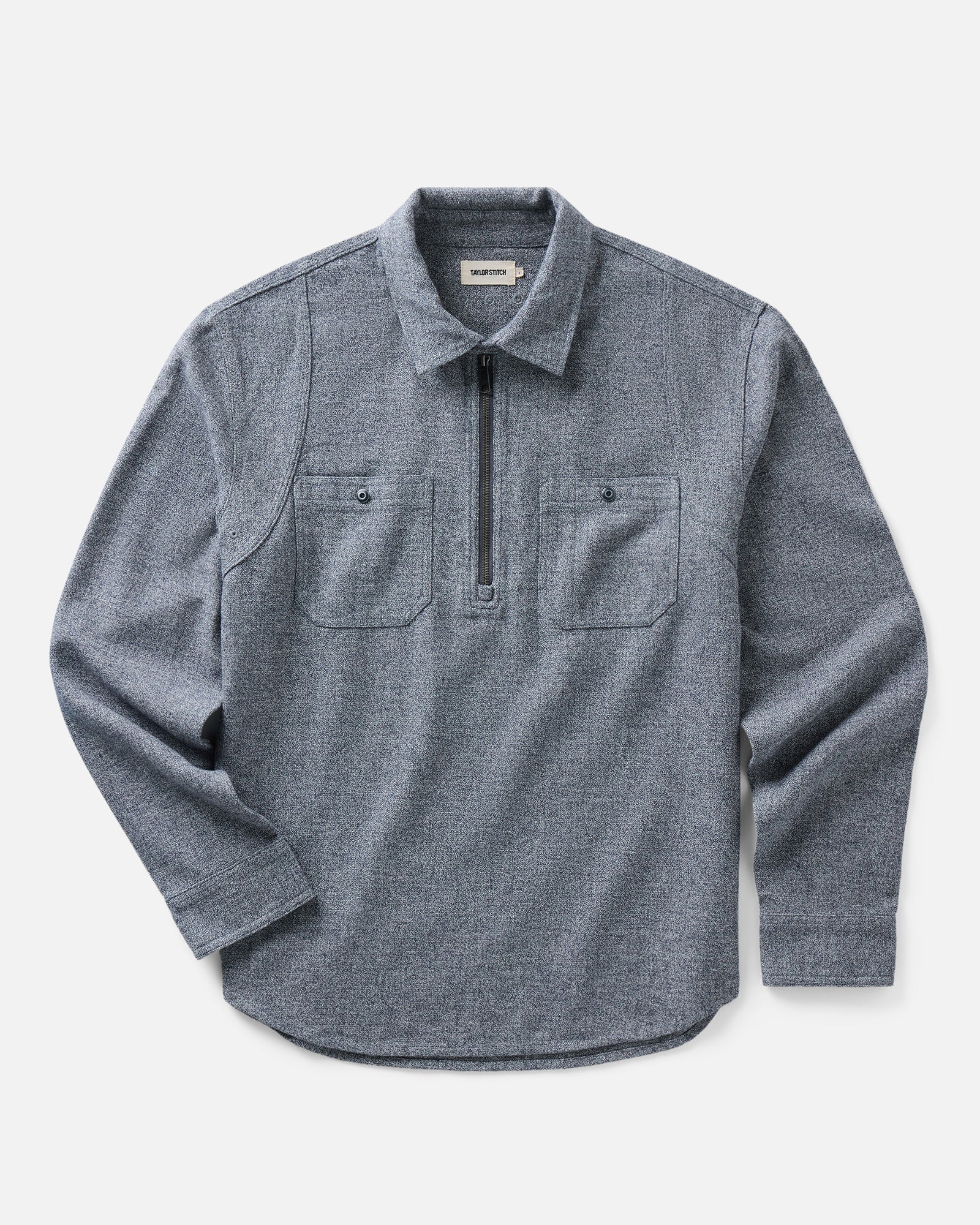 flatlay of The Tiller Half Zip in Greyscale Hemp Jaspe, Wovens by Taylor Stitch