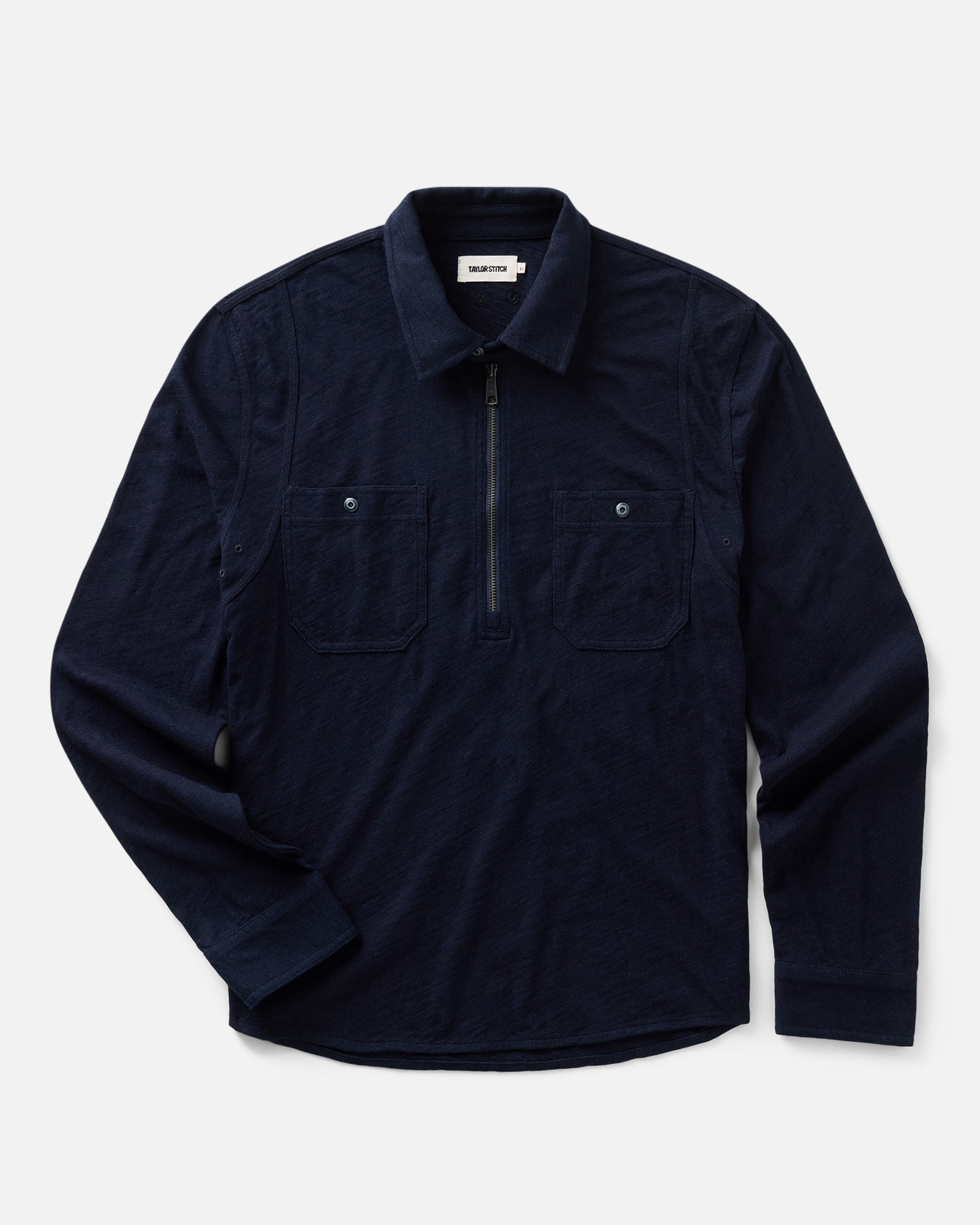 flatlay of The Tiller Half Zip in Rinsed Indigo Slub, Knits by Taylor Stitch