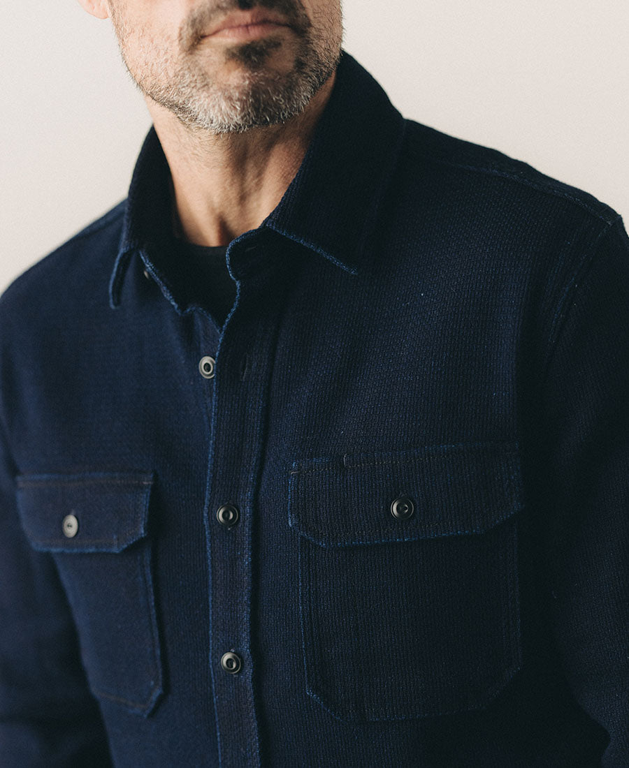 fit model posing in The Division Shirt in Rinsed Indigo Sashiko, by Taylor Stitch