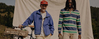 Two guys in the Taylor Stitch x Marmot collaboration styles