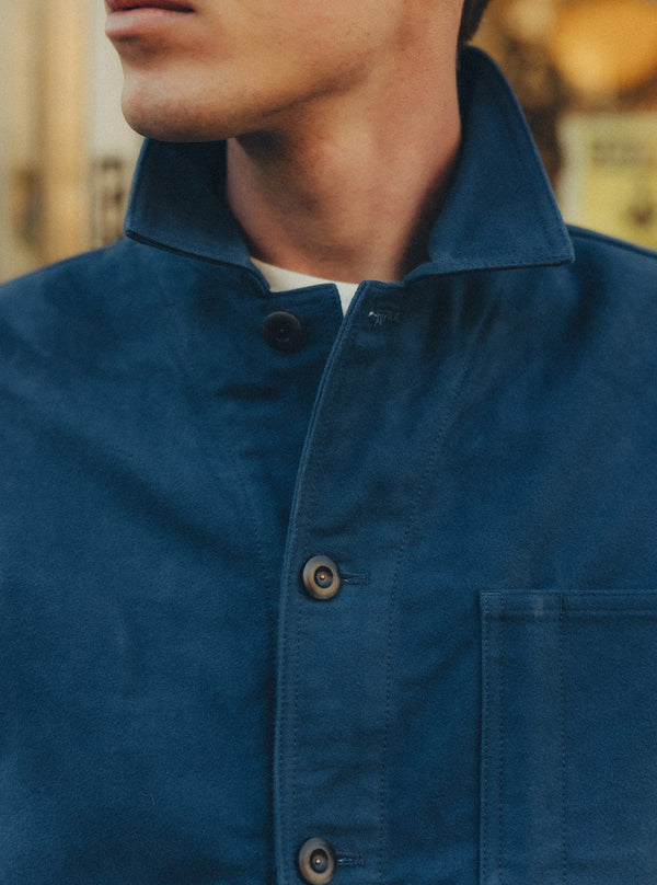 Close up of the Ojai Jacket in French Blue Moleskin