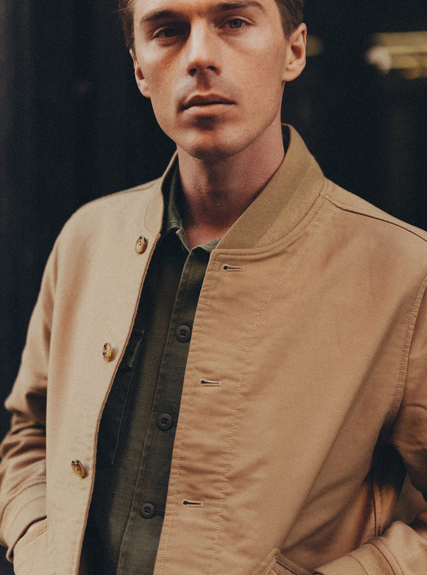 Close up of model in the Clark Bomber Jacket