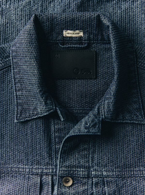 Close up of the sashiko texture on the Ryder Jacket in Japanese Sashiko Denim