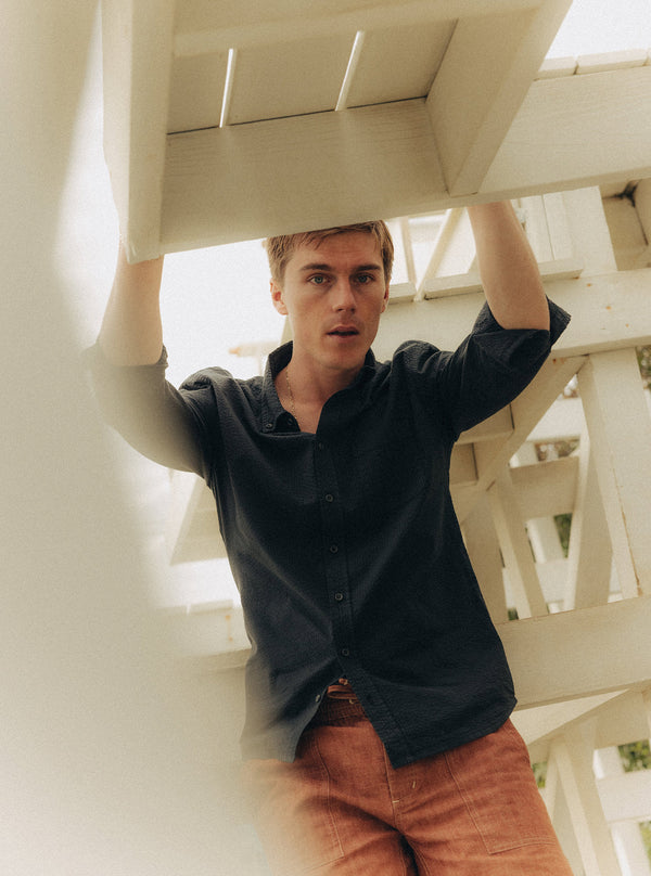 Model wearing the Jack in Dark Navy Seersucker