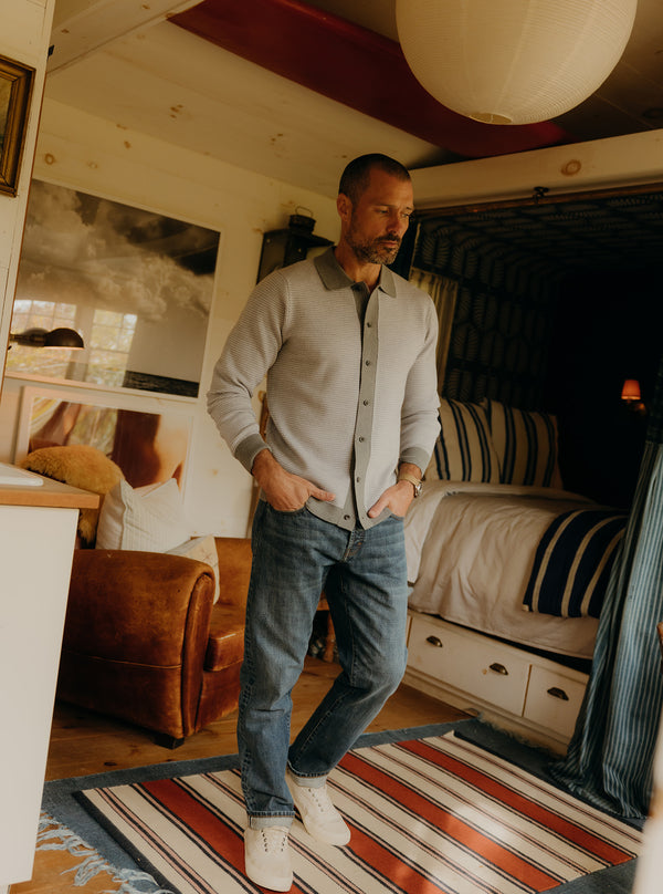 Model walking in a living room