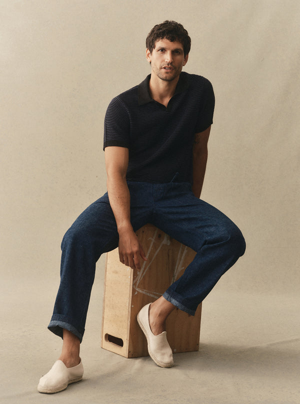 Model wearing The Valencia Sweater Polo and The Breakwater Pant